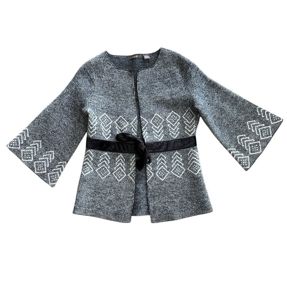 heather B 100% Wool Cardigan size Medium Velvet Tie Front Bell Sleeve